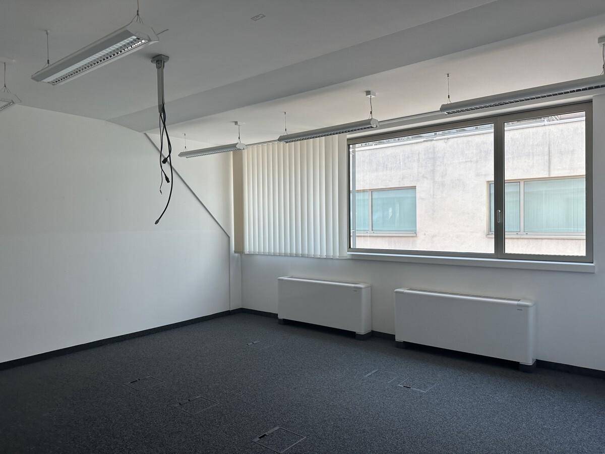 Leerer Büroraum mit Teppichboden, vertikalen Jalousien und Blick auf ein gegenüberliegendes Gebäude.