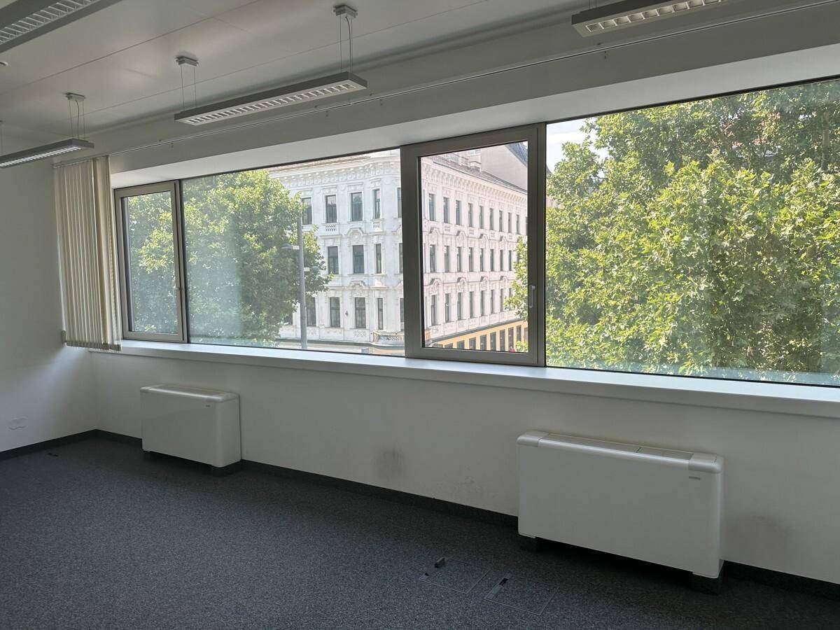 Leerer Büroraum mit großen Fenstern, Blick auf Bäume und ein gegenüberliegendes Gebäude, ausgestattet mit Teppichboden.