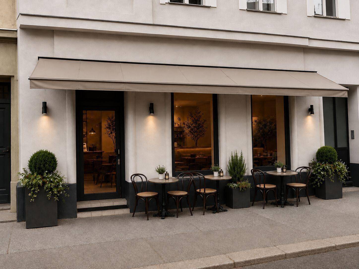 Klassische Café-Fassade mit beiger Markise und traditionellen Außenmöbeln auf dem Bürgersteig.