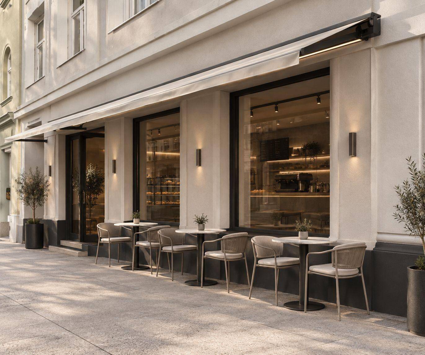 Elegante Café-Fassade mit moderner Markise und bequemen Sitzgelegenheiten im Freien.
