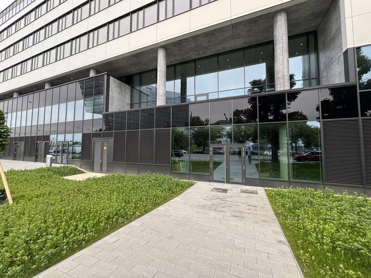 Moderne Geschäftsfassade mit großen Glasflächen und gepflegter Grünanlage bei Tageslicht.