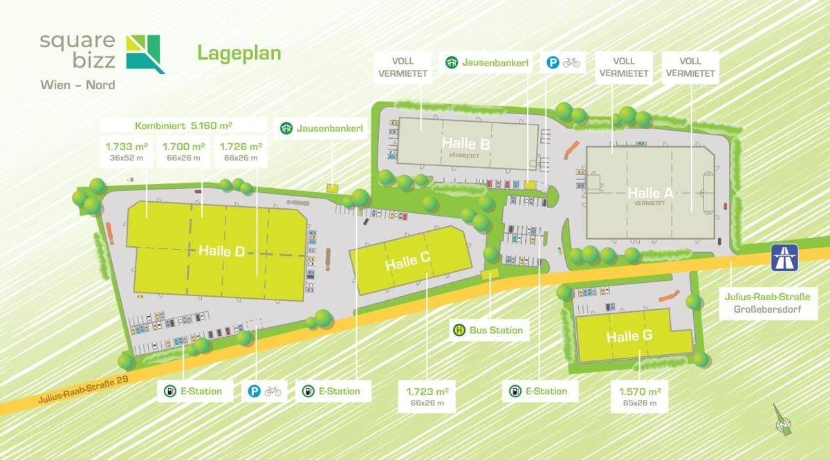 Lageplan des Gewerbeparks mit verschiedenen Hallen, Parkplätzen und Infrastruktur.
