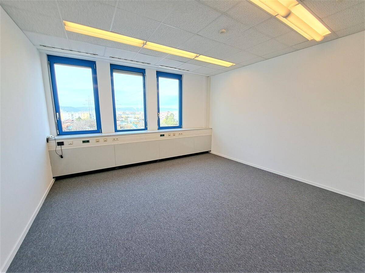 Leeres Büro mit grauem Teppichboden und drei großen Fenstern, die viel Tageslicht hereinlassen.