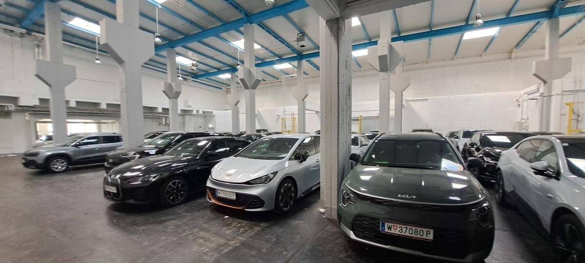 Weitläufige Halle, gefüllt mit einer Reihe geparkter Autos, unter hohen Decken mit Oberlichtern.