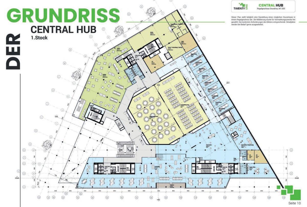Umfassender Grundriss des ersten Stocks des Central Hubs mit verschiedenen Bürobereichen und Gemeinschaftsflächen.