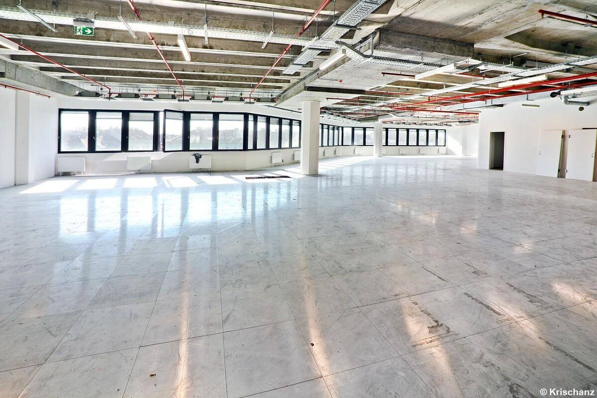 Geräumiger, unmöblierter Bürobereich mit hohen Decken und durchgehenden Fensterbändern, die eine helle Atmosphäre schaffen.