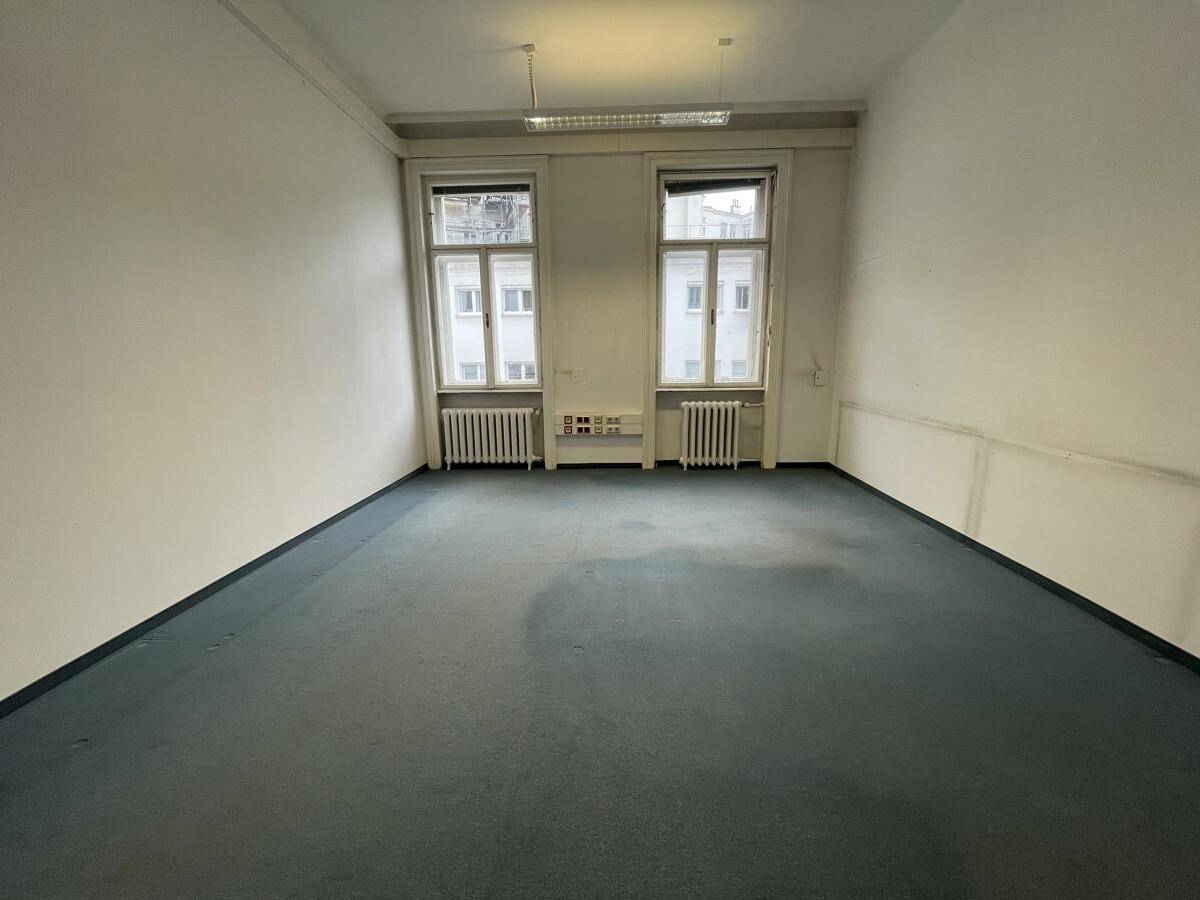 Heller, leerer Raum mit Teppichboden und zwei Fenstern, geeignet als Büro oder Arbeitszimmer.