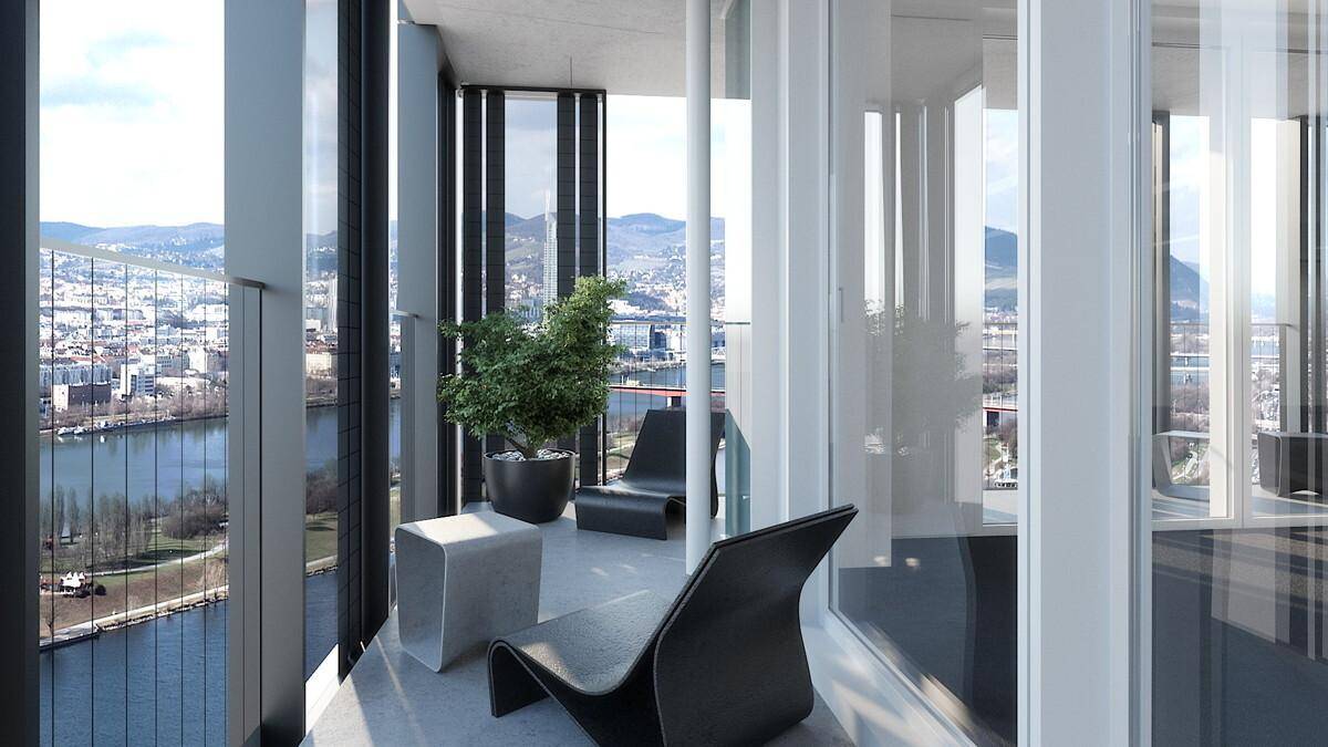 Moderner Balkon mit minimalistischen Möbeln und Pflanzen, der einen weiten Blick auf die Stadt und das Wasser bietet.