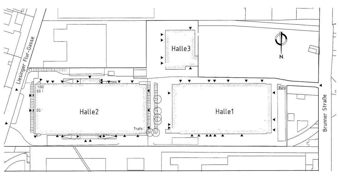 Übersichtsplan des gesamten Grundstücks mit drei großen Hallen und Zufahrtsstraßen.