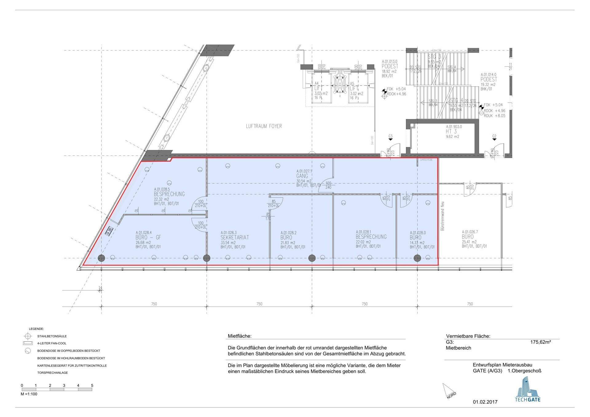 Detaillierter Grundriss eines Obergeschosses mit mehreren Büroräumen und einem Besprechungsbereich.