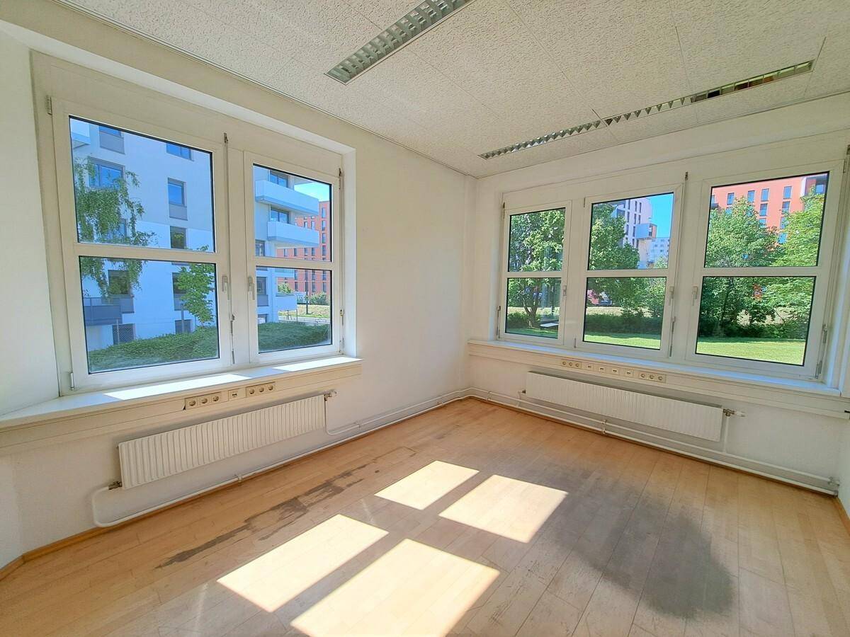 Leeres Büro mit Laminatboden und großen Fenstern, die viel Tageslicht und Ausblick bieten.