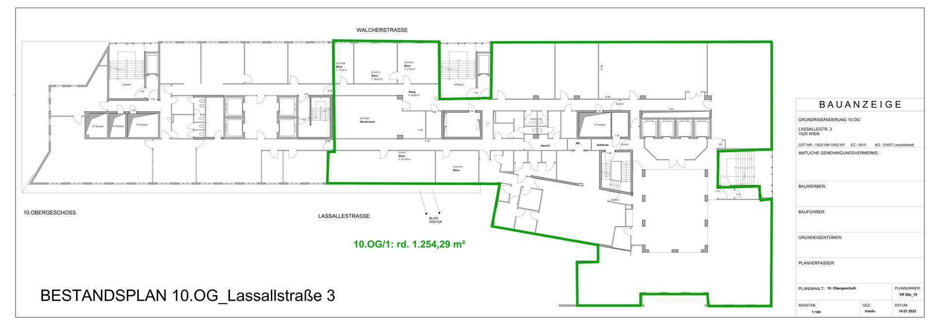 Grundriss des 10. Obergeschosses mit einer Fläche von 1.254,29 m².