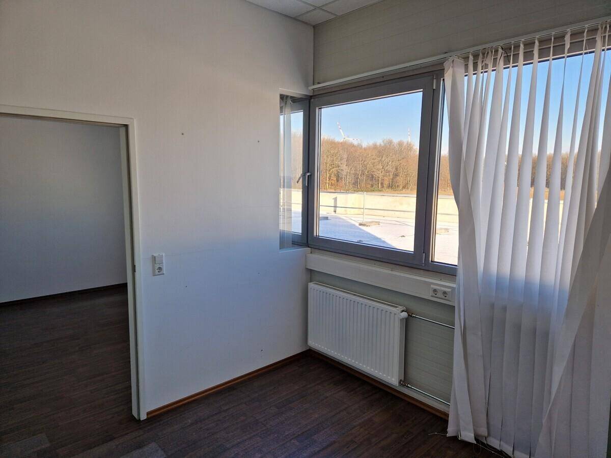 Heller, leerer Raum mit Laminatboden, Heizkörper und einem Fenster mit Blick auf Bäume und Landschaft.