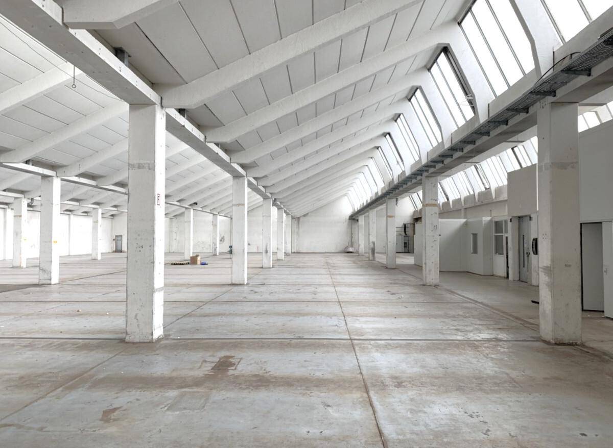 Weitläufige Industriehalle mit hohen Decken, zahlreichen Stützpfeilern und viel natürlichem Licht durch die Dachfenster.