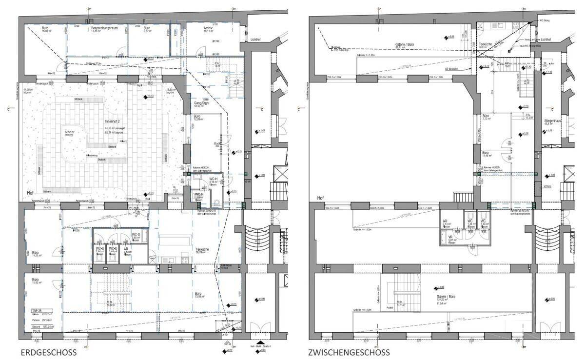 Grundrisse für Erdgeschoss und Zwischengeschoss mit verschiedenen Räumen und Treppen.