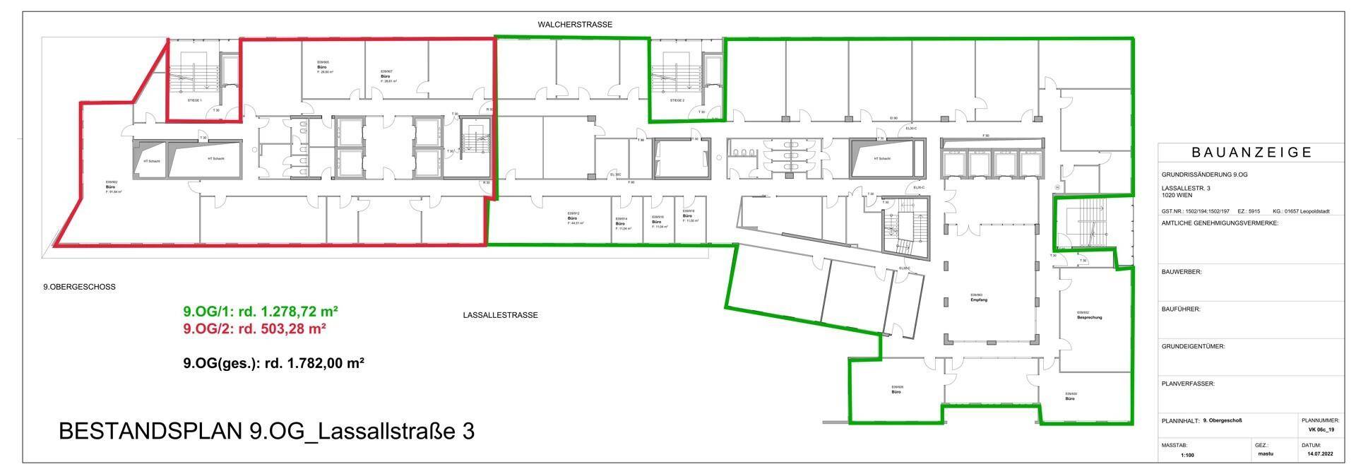 Detaillierter Grundriss des 9. Obergeschosses mit verschiedenen Bürobereichen und Flächenangaben.