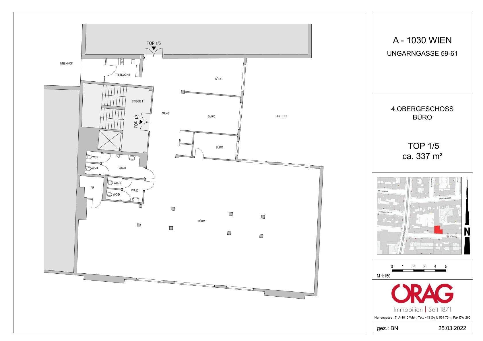 Grundriss eines Büros im 4. Obergeschoss mit ca. 337 m² und flexibler Raumaufteilung, inklusive Sanitärbereichen.