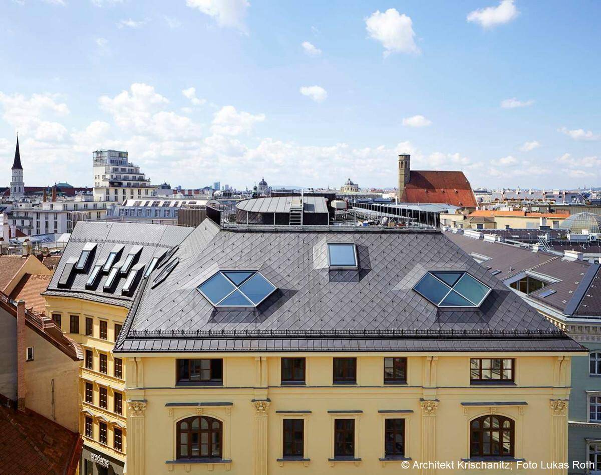 Dachansicht eines Gebäudes mit mehreren Dachfenstern und Blick auf die Stadtkulisse.