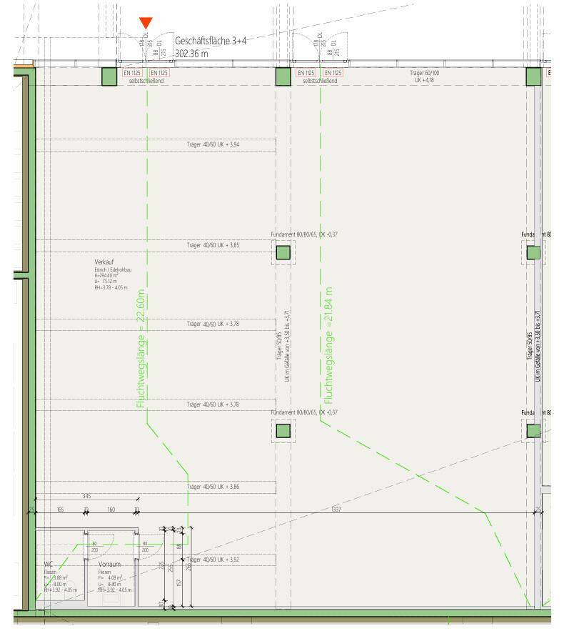 Grundriss einer Geschäftsfläche von 302,36 m² mit offenem Layout und Sanitärbereich.