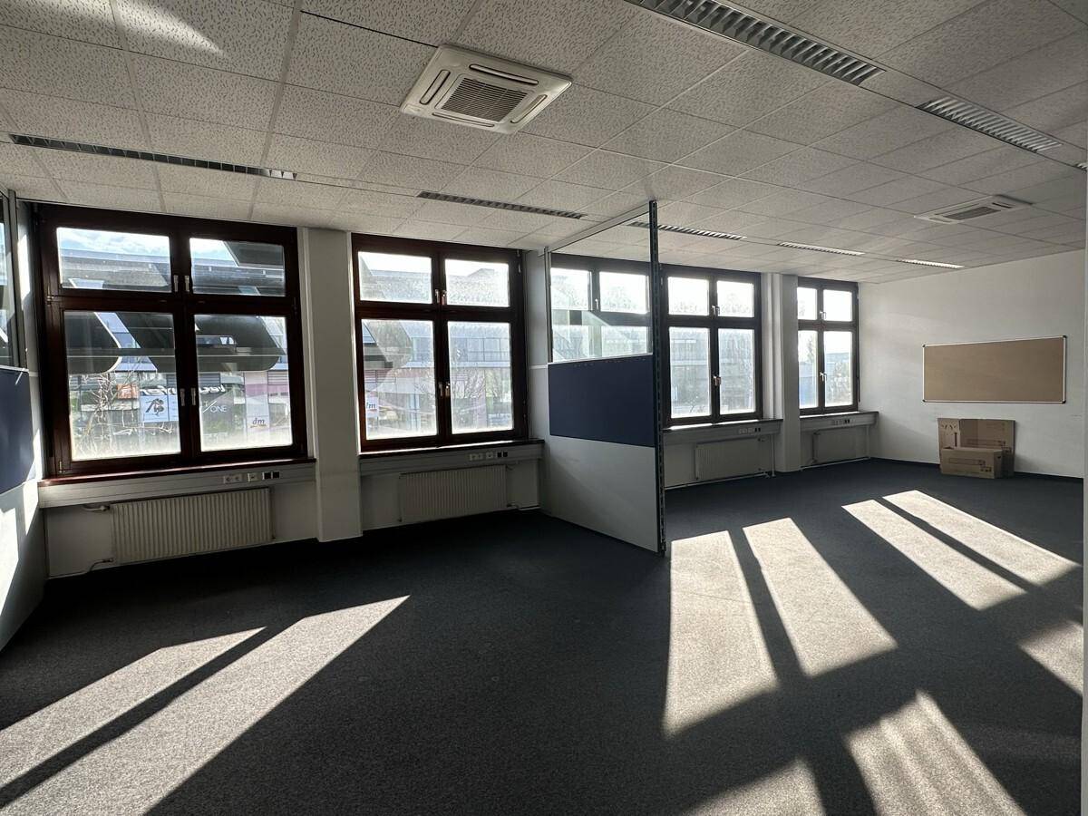 Helles Büro mit Teppichboden, großen Fenstern und flexiblen Trennwänden, die verschiedene Arbeitsbereiche schaffen.