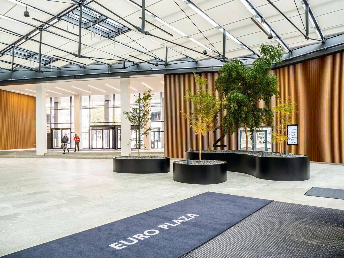 Großzügiges Atrium mit dekorativen Bäumen in runden Pflanzgefäßen und hellem Boden.