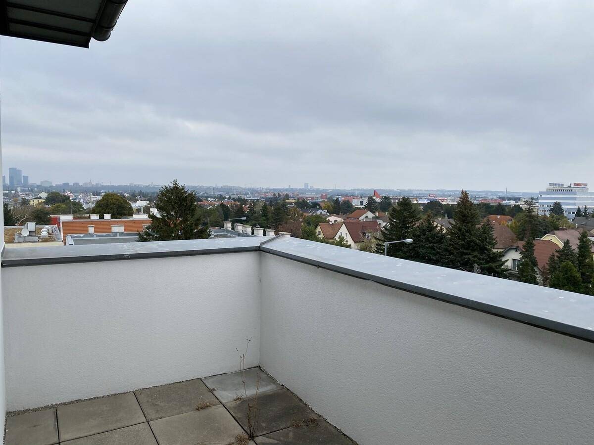 Geräumige Dachterrasse mit weitem Blick über die Stadt und die umliegende Wohnbebauung unter bewölktem Himmel.