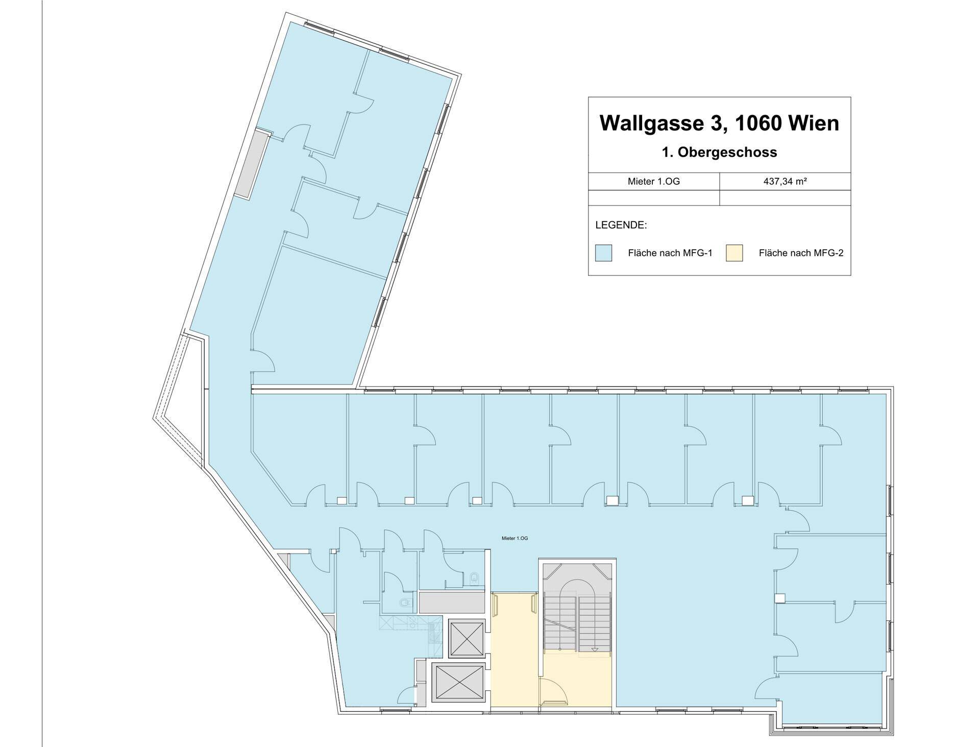 Grundriss des ersten Obergeschosses in der Wallgasse 3, 1060 Wien, mit einer Fläche von 437,34 m².
