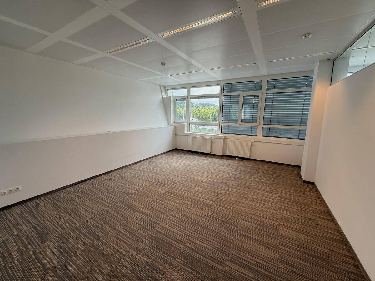 Leerer Büroraum mit Teppichboden, großen Fenstern und Blick ins Grüne, ausgestattet mit Heizkörpern.