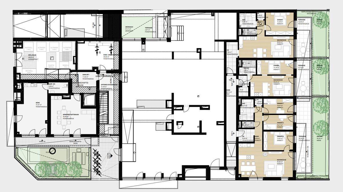 Umfassender Grundriss eines Gebäudekomplexes mit mehreren Wohneinheiten, Balkonen, Terrassen und Gärten.