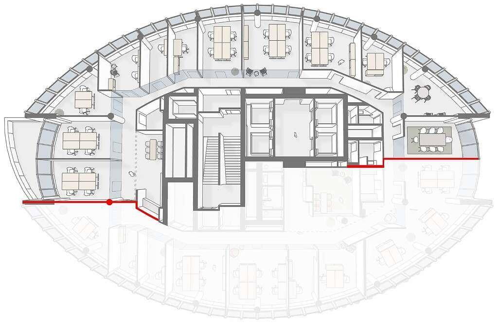 Grundriss eines Bürogeschosses mit mehreren Einzelbüros, Konferenzräumen und einem zentralen Treppenhaus.