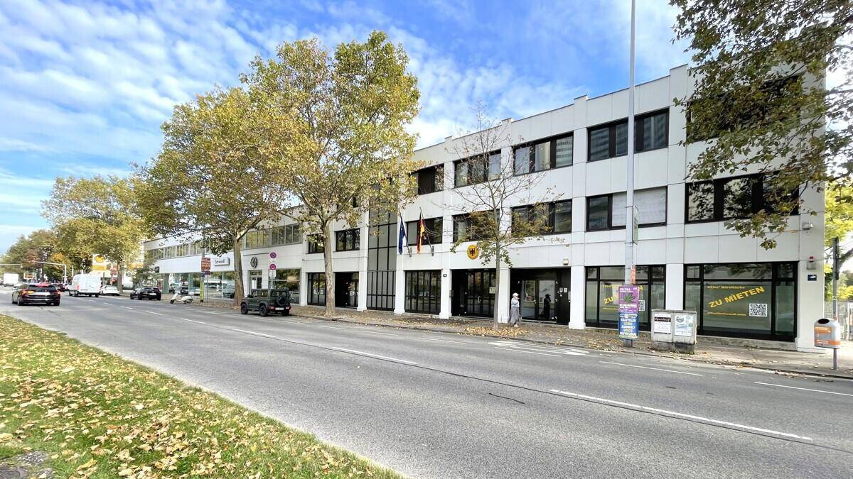 Breite Ansicht der modernen Geschäftsfassade mit umliegender Straße und Bäumen an einem sonnigen Tag.