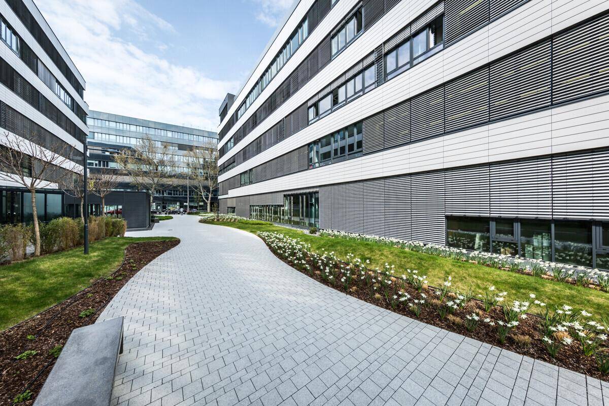 Geschwungener gepflasterter Weg zwischen modernen Bürogebäuden und blühenden Grünflächen.