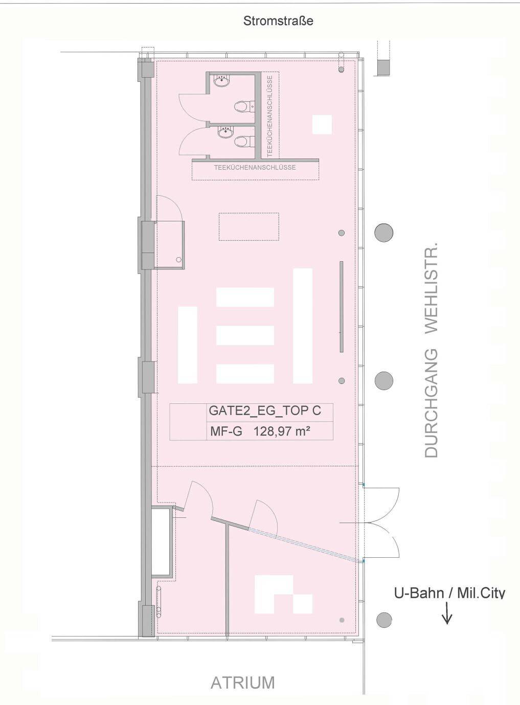 Grundrissplan einer Gewerbeeinheit mit offenem Layout, zwei Toiletten und Anschluss für eine Teeküche.