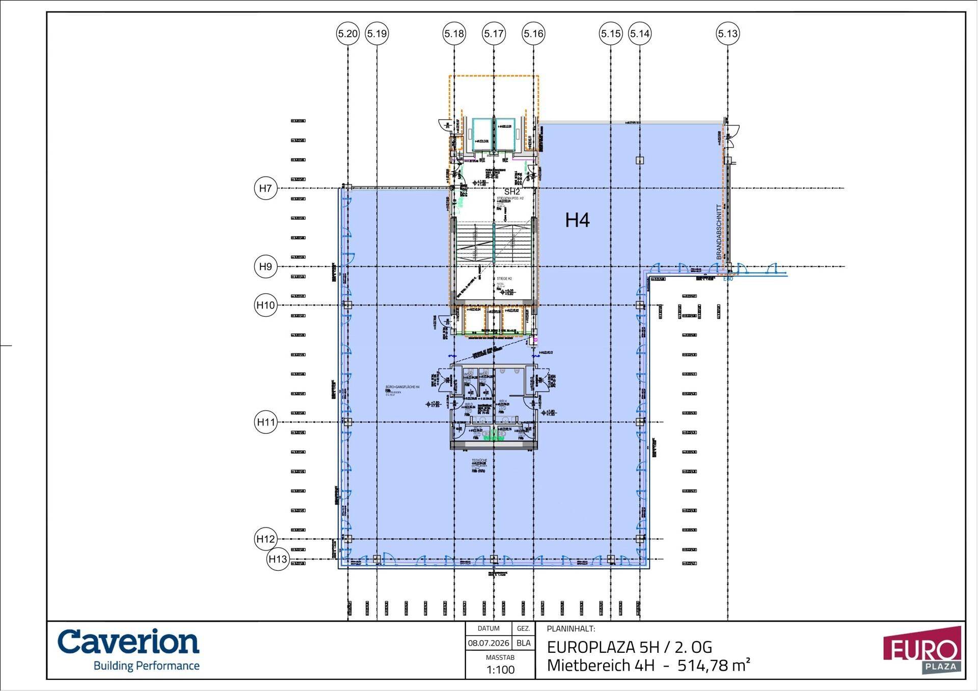 Detaillierter Grundriss des Mietbereichs 4H im 2. Obergeschoss des EUROPLAZA 5H mit 514,78 m².