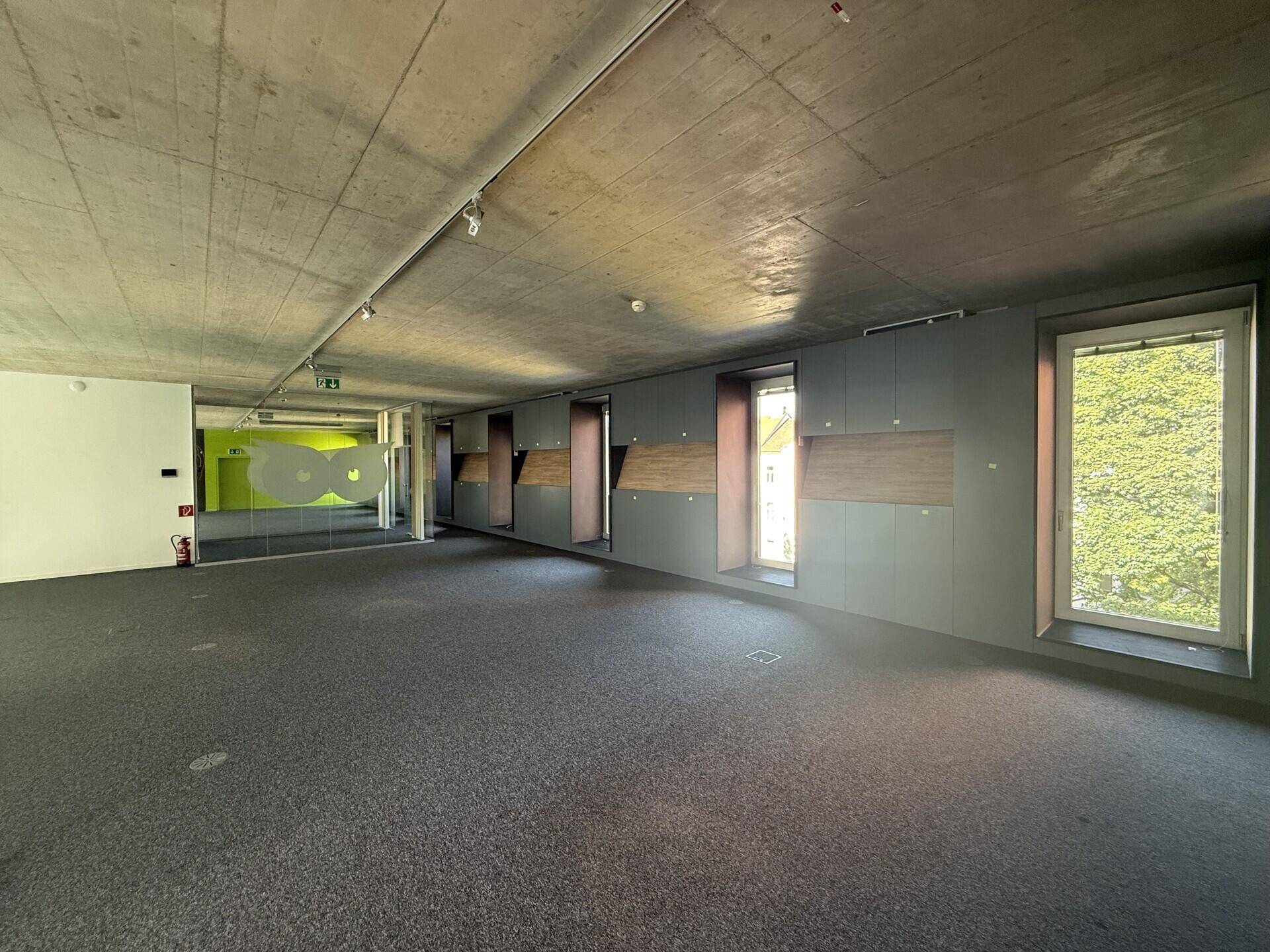 Geräumiger Bürobereich mit Teppichboden, Sichtbetondecke und großen Fenstern mit Blick ins Grüne.
