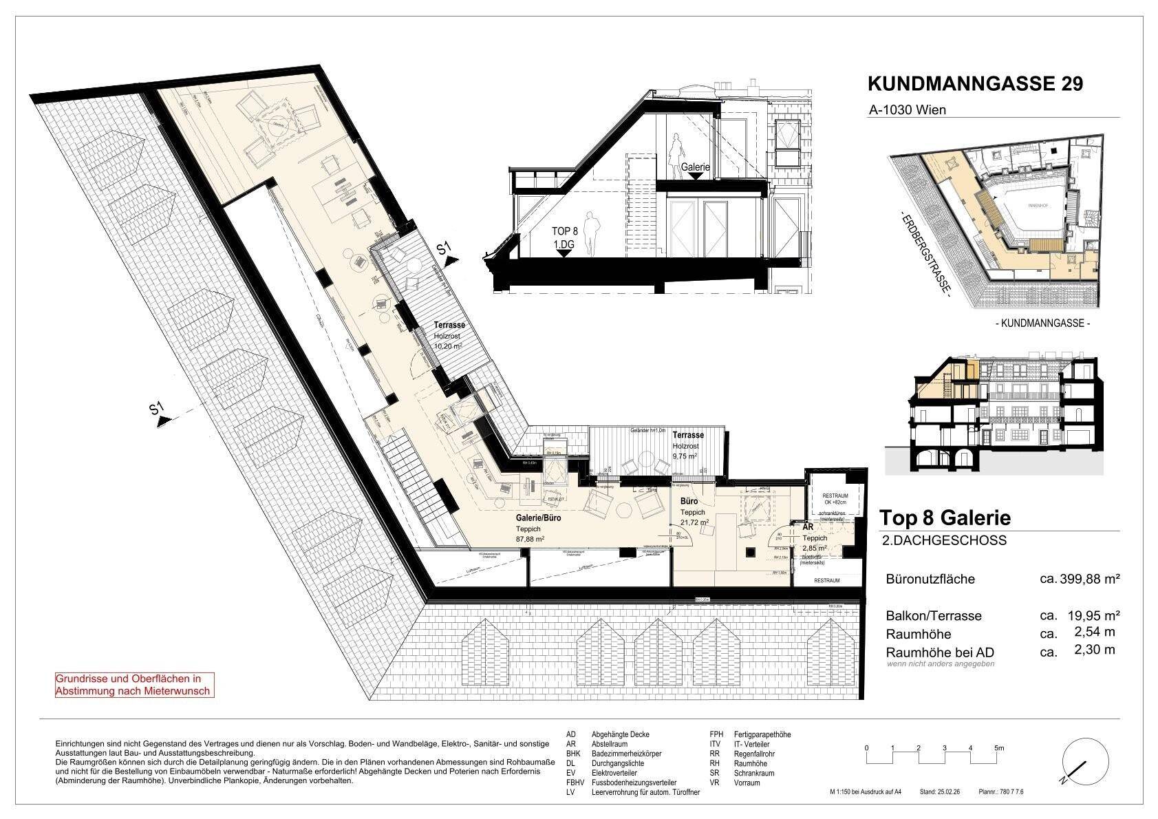 Grundriss des zweiten Dachgeschosses mit Galerie, Terrasse und weiteren Büroräumen, gekennzeichnet durch Dachschrägen.