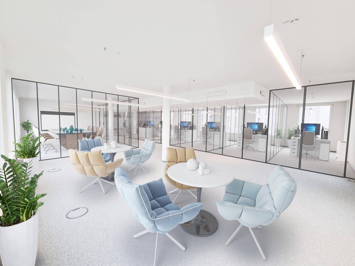 Heller Loungebereich in einem modernen Büro mit bequemen Sesseln, runden Tischen und Glaswänden.