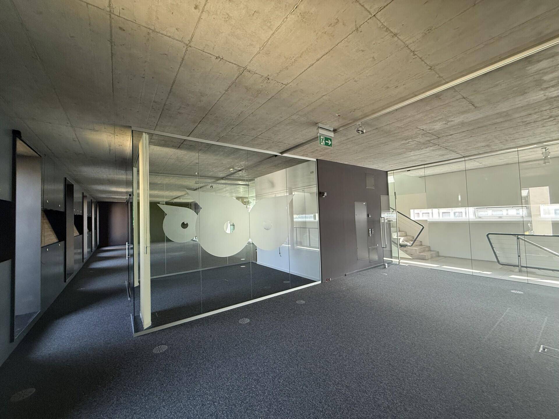 Moderner Bürobereich mit Teppichboden, Glaswänden und Sichtbetondecke, ideal für Großraumbüros.