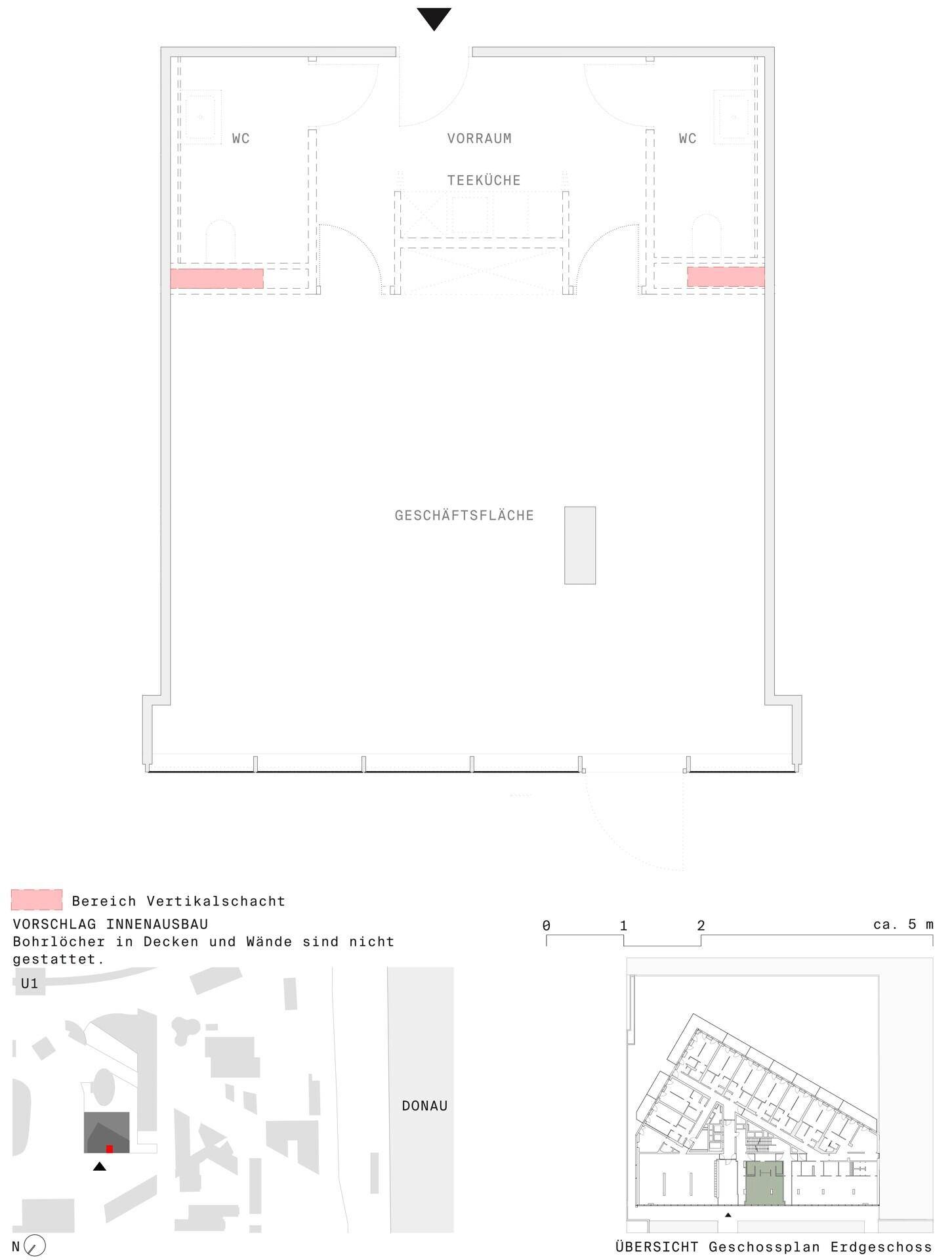 Grundriss einer Geschäftsfläche mit Teeküche, Vorraum und zwei Toiletten, inklusive Übersichtskarte des Standorts.