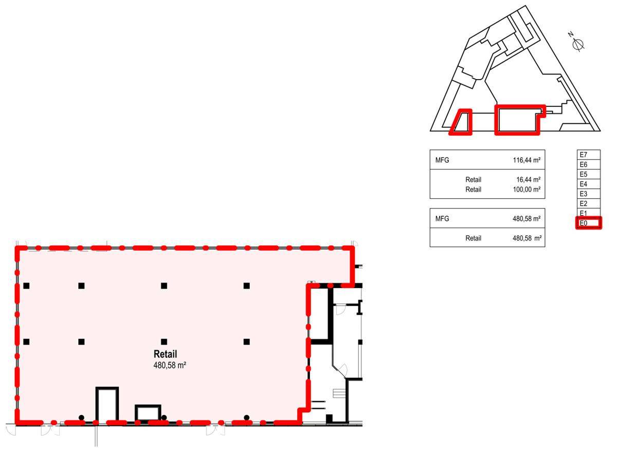Grundriss einer Einzelhandelsfläche von 480,58 m² mit hervorgehobenen Bereichen.