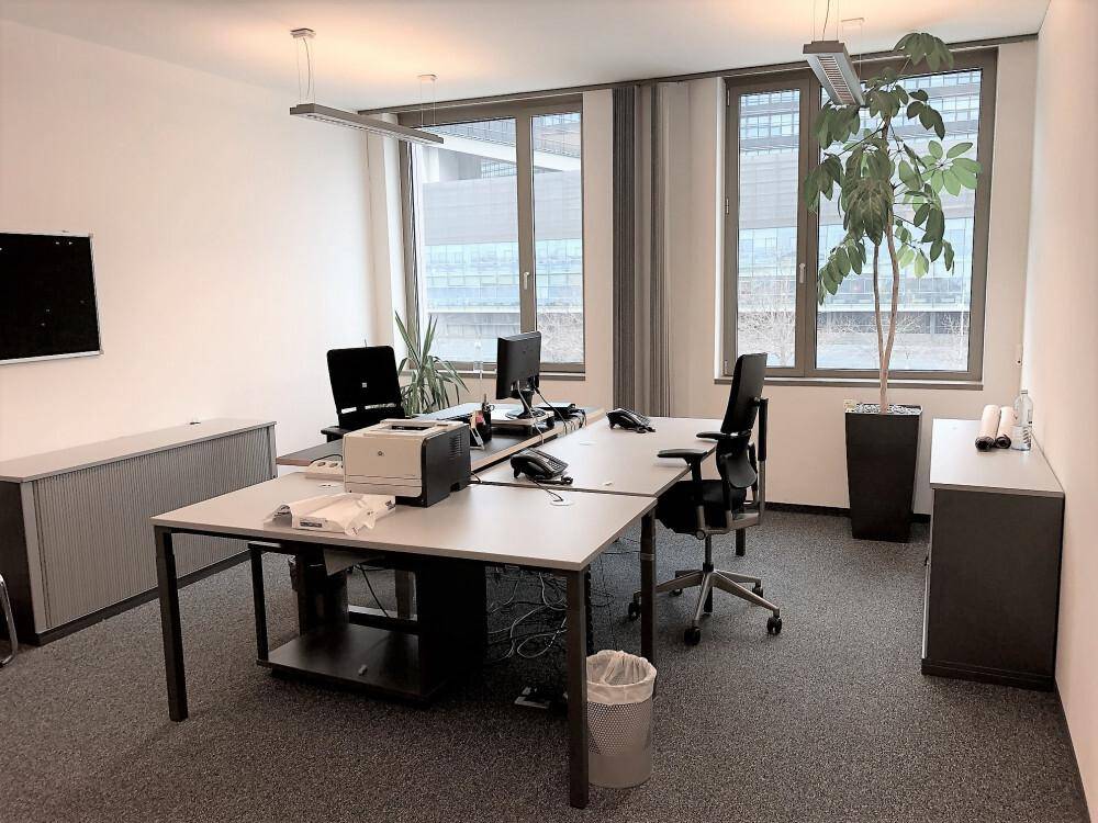 Helles Büro mit mehreren Arbeitsplätzen, großen Fenstern und einer Zimmerpflanze, gut beleuchtet und funktional.