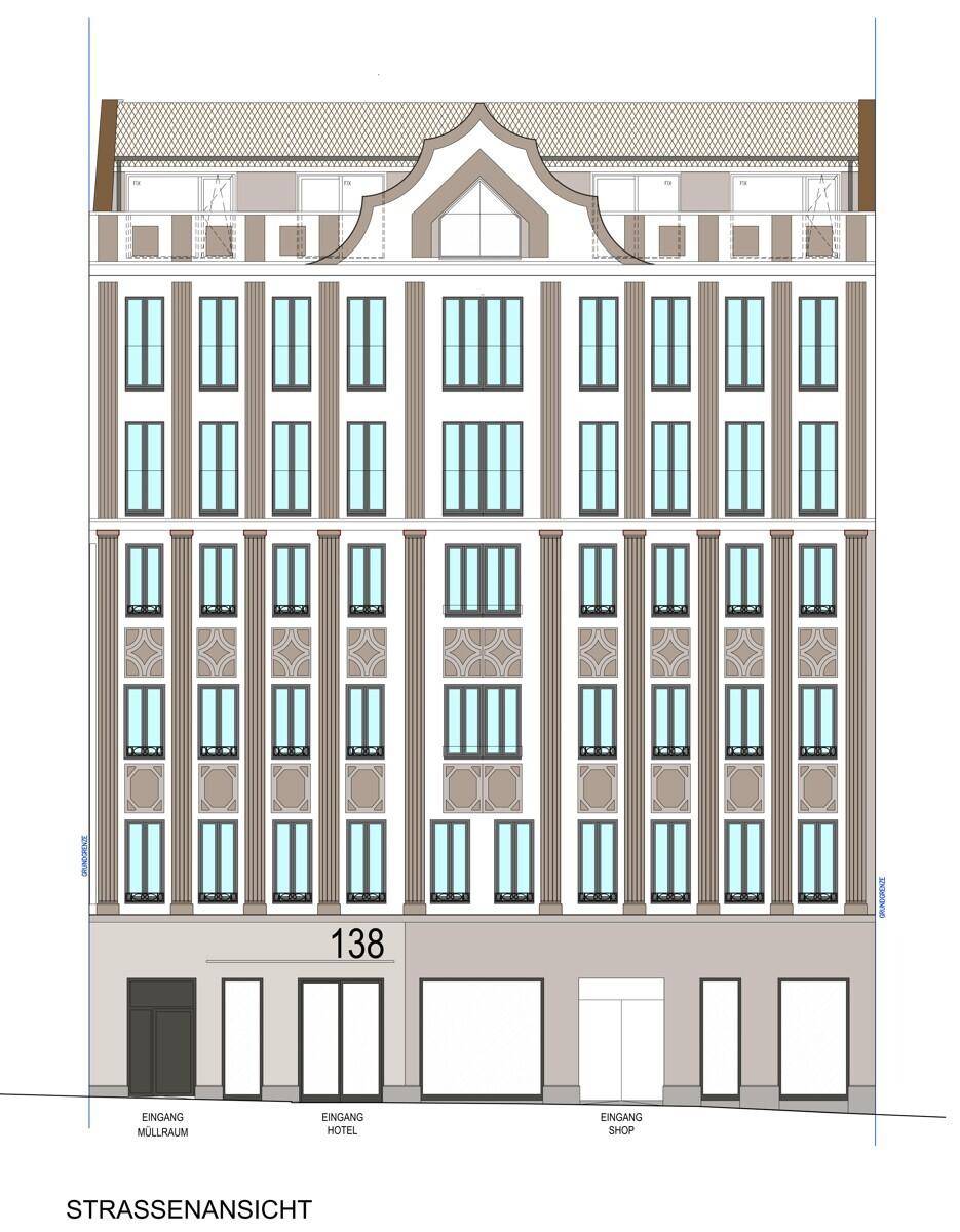 Grundriss des Erdgeschosses mit einer großen Ladenfläche und Treppenhaus.