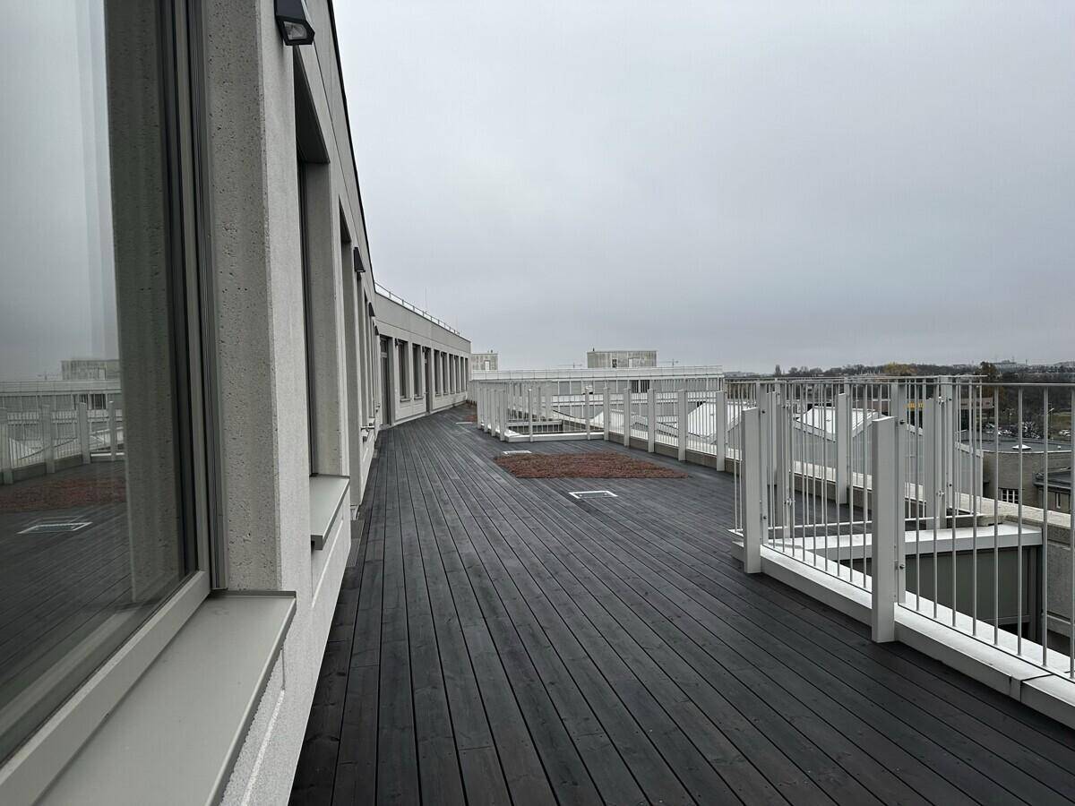 Weitläufige Dachterrasse mit Holzbelag und Metallgeländer, bietet einen weiten Blick.