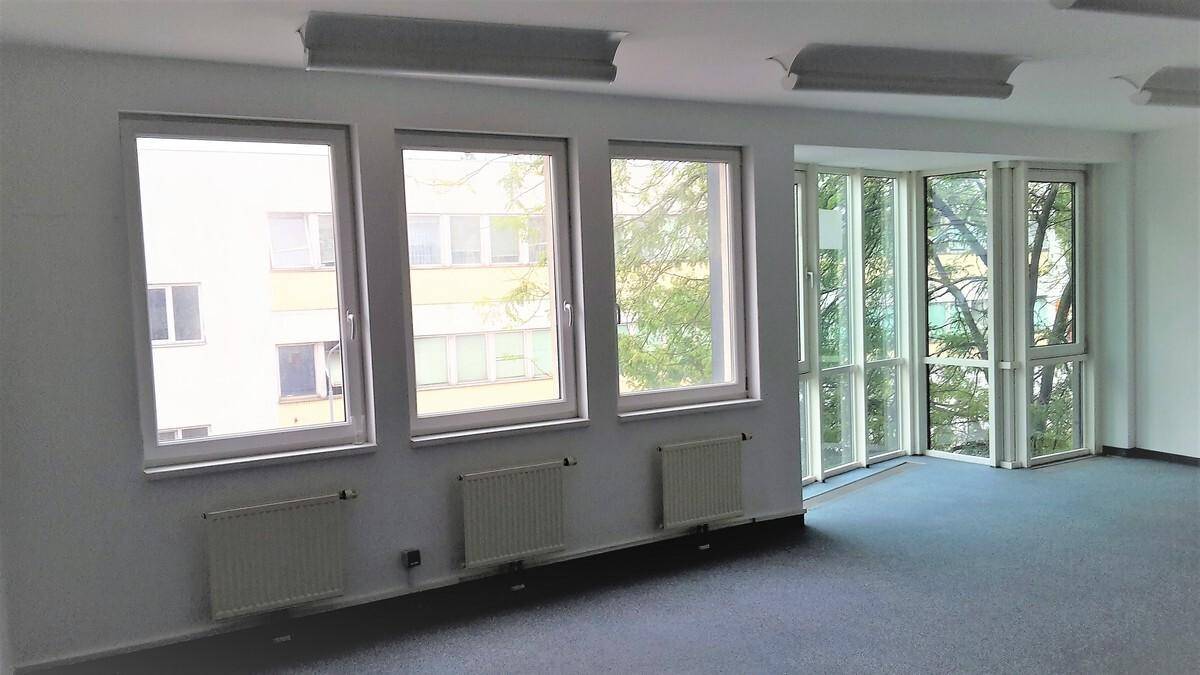 Geräumiges, leeres Büro mit mehreren Fenstern, blauem Teppichboden und Blick ins Grüne.