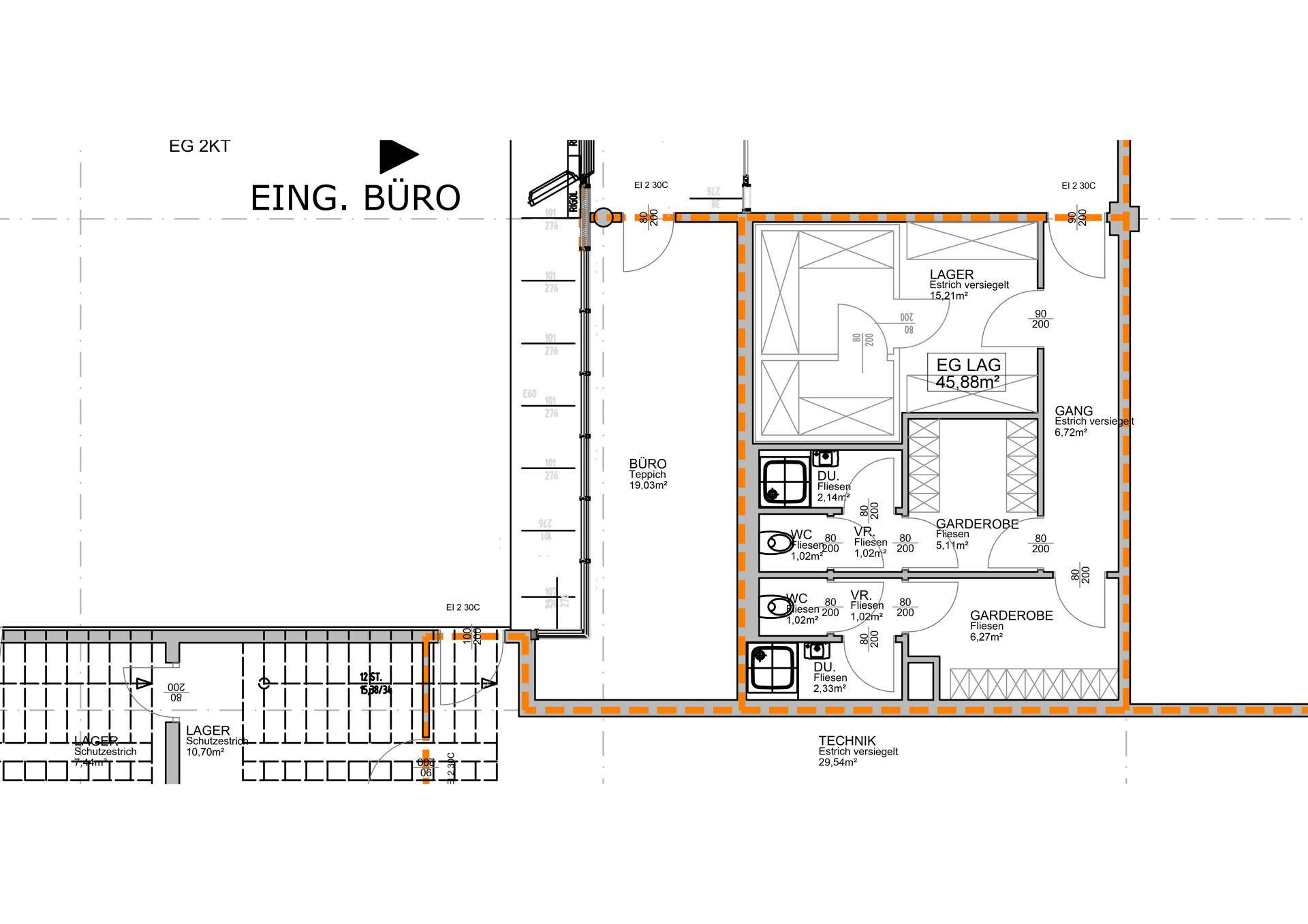 Detaillierter Grundriss einer Gewerbeeinheit mit Büros, Lagerräumen und Sanitäranlagen im Erdgeschoss.