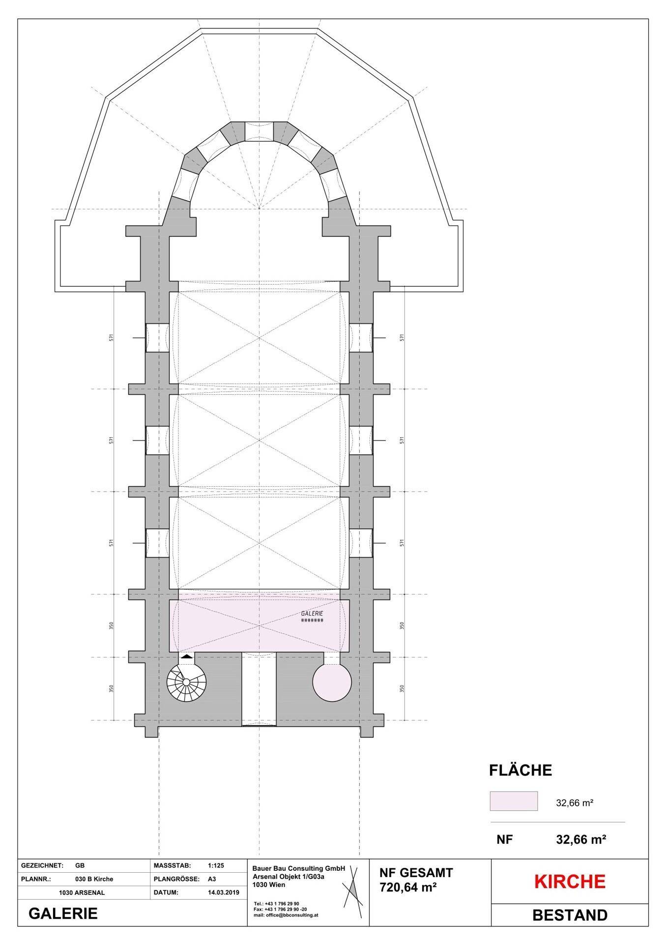 Grundriss der Galerieebene eines historischen Gebäudes mit Gesamtfläche von 720,64 m².
