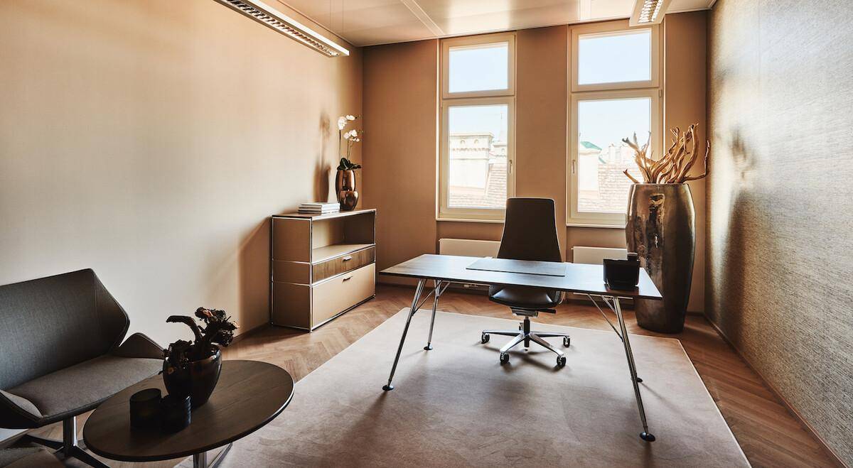 Helles und modernes Büro mit Schreibtisch, ergonomischem Stuhl und großen Fenstern für viel Tageslicht.