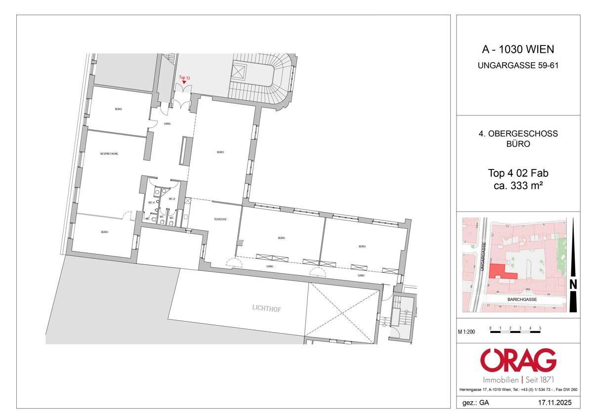 Grundriss eines Büros im 4. Obergeschoss mit ca. 333 m² und mehreren Räumen, inklusive Sanitärbereichen.