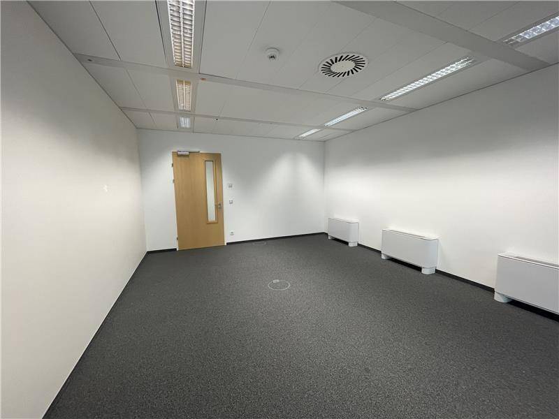 Leeres, sauberes Büro mit Teppichboden und einer schlichten Holztür, bereit für die individuelle Gestaltung.
