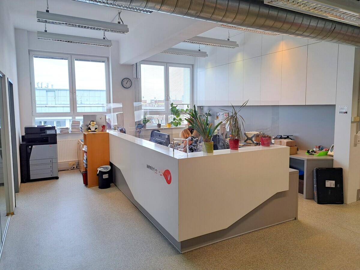 Heller Empfangsbereich mit moderner Rezeptionstheke, großen Fenstern und viel Tageslicht.